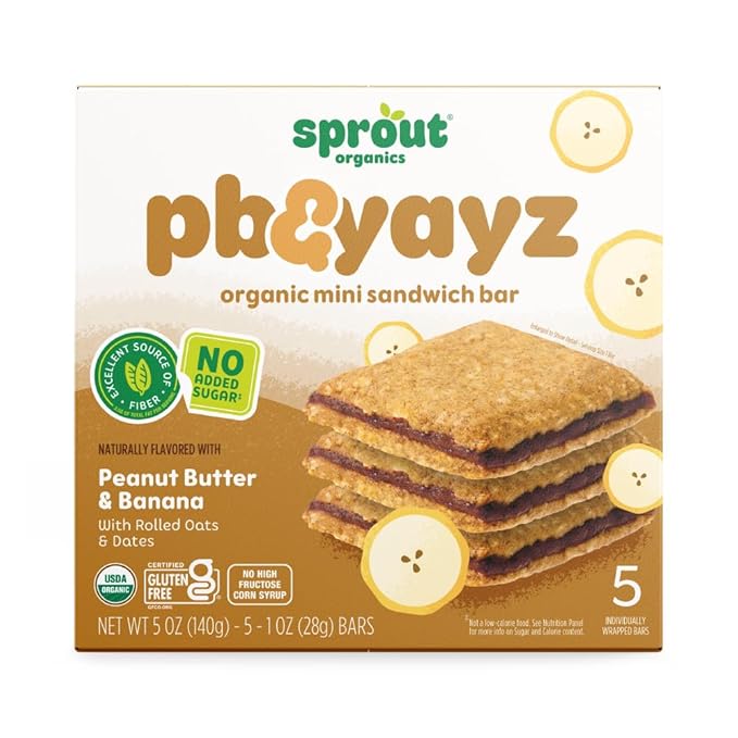 Sprout Organics, PB & Yayz Toddler Snack Bars, Peanut Butter & Banana, 5 Individual Bars 1.02 oz Each (6-boxes)