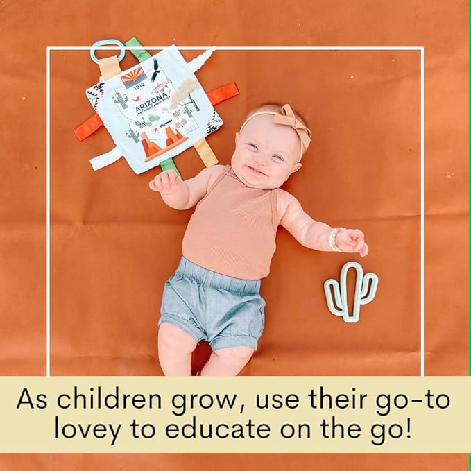 Baby Jack & Co 8x8” Learning Lovey Arizona State Tag Stroller Toy for Babies - Crinkle Toys for Developing Five Senses - Learn About Capitals - Travel with Baby Jack - BPA Free w/Stroller Clip