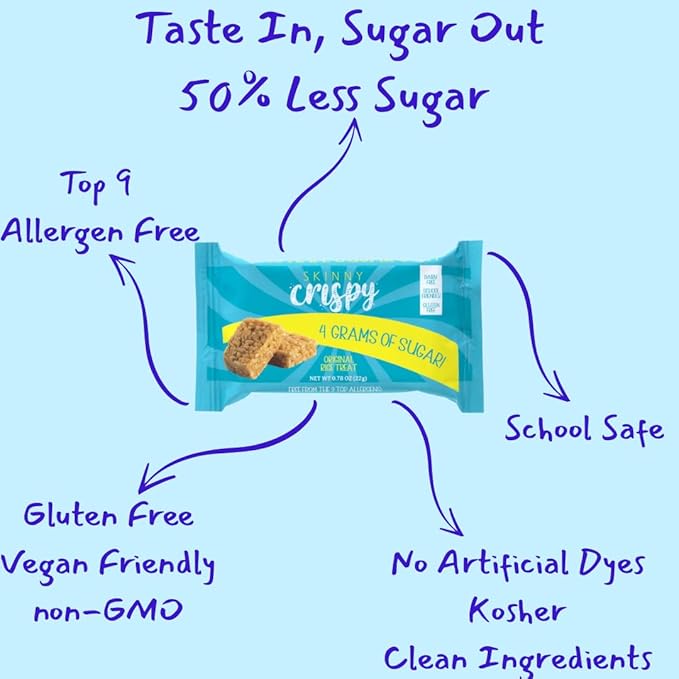 Skinny Crispy Original Vanilla Rice Treats – Low Sugar (4g), Vegan, Gluten-Free, Dairy-Free, Non-GMO, Top 9 Allergen-Free, Healthy Snack Bars, 10 Count