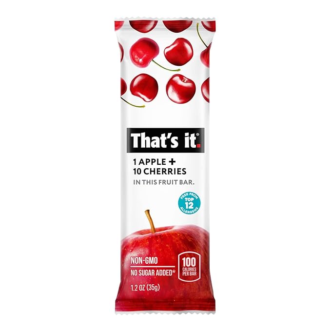 That's it. Apple + Cherry 100% Natural Real Fruit Bar, Best High Fiber Vegan, Gluten Free Healthy Snack, Paleo for Children & Adults, Non GMO No Sugar Added, No Preservatives Energy Food (12 Pack)