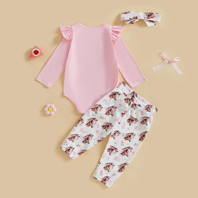 Fernvia Western Newborn Baby Girl Clothes Long Sleeve Letter Print Romper Animal Print Pants Headband 3Pcs Outfits Sets