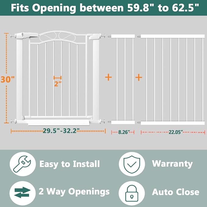 Fairy Baby 59.8"-62.6" Extra Wide Press Mounted Baby Gate Indoor for Kids Or Pets Walk Thru No Drill Long Dog Gates for The House Doorway Child Safety Gate