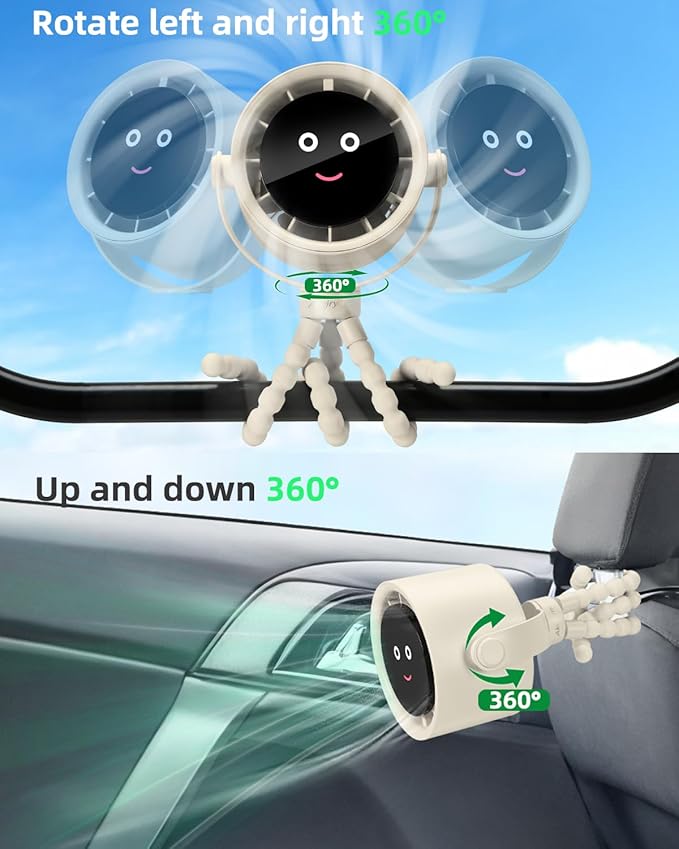 Stroller Fan Portable, Personal Fan for Travel, Air Turbo Tech&Digital display, Detachable 5 Speeds Rechargeable 360° Rotate Flexible Tripod Fan, For Home Office Stroller Camping - Rice White