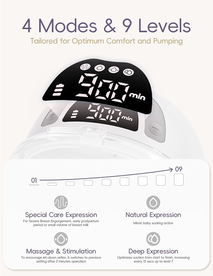 b&h Electric Wearable Breastfeeding Pump with Night Light, Hospital Grade Breast Pump Hands Free, 4 Modes & 9 Levels, 17/19/21/24/27mm Flange, Baby Mouth Double-Sealed Flange, Milk Pump for Moms -Grey