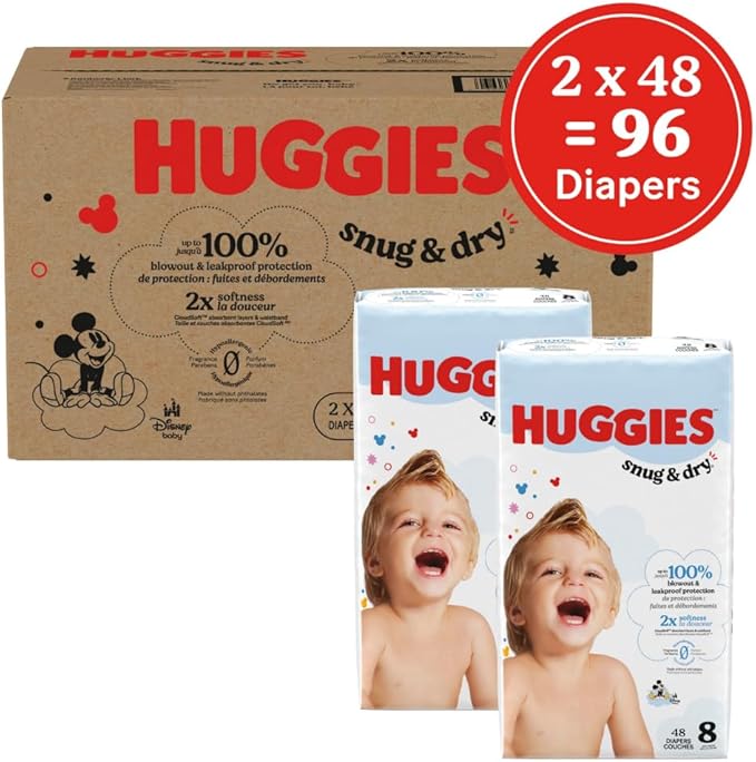 Huggies Size 8 Diapers, Snug & Dry Baby Diapers, Size 8 (46+ lbs), 96 Count (2 Packs of 48), Packaging May Vary