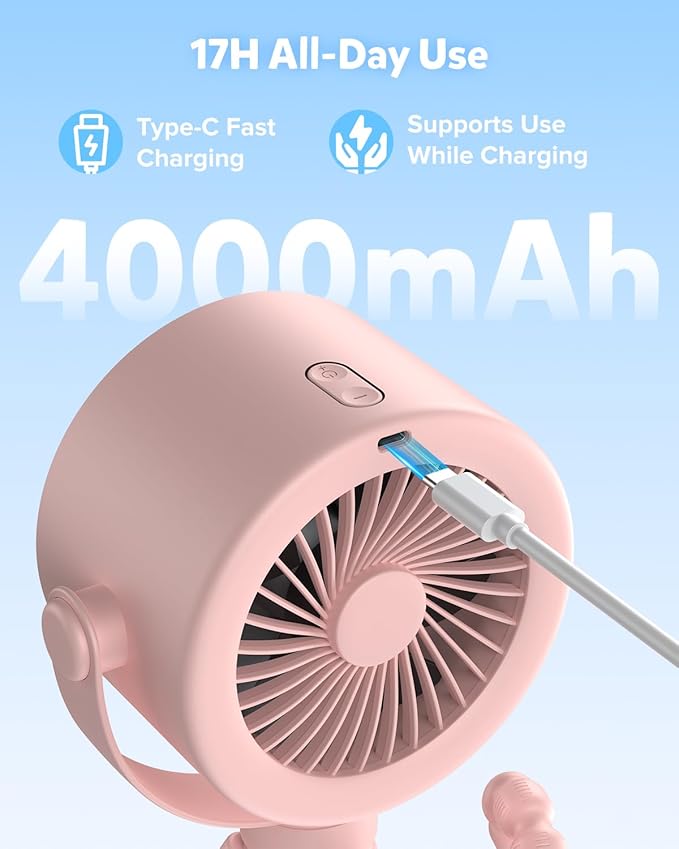 AMACOOL Baby Stroller Fan, Rechargeable Portable Clip on Fan, 17H Cooling with 5 Speeds, LED Display, 360°Rotate Personal Cooling Fans for Car Seat, Crib, Travel, Camping, Gifts for New Parents