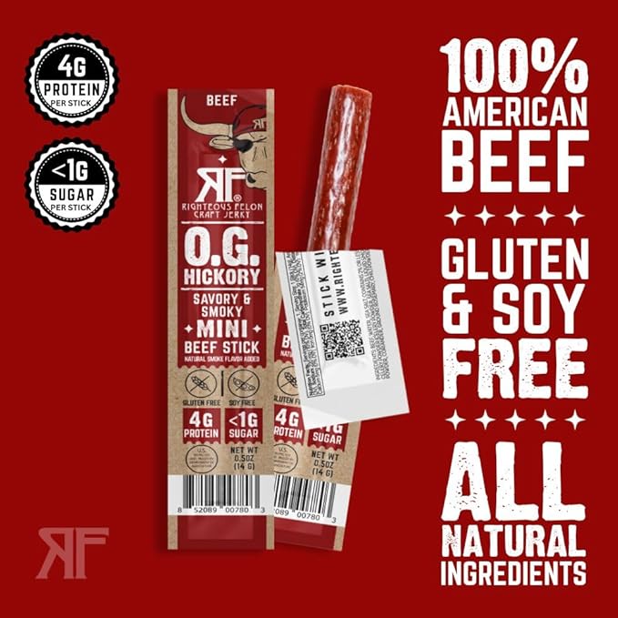 Righteous Felon Meat Sticks Minis | 100% Beef Sticks | Gluten Free Meat Sticks | Low Sugar & High Protein Beef Sticks | Healthy Snacks for Kids & Adults | Jerky Gifts for Men | OG Hickory, 24 Ct