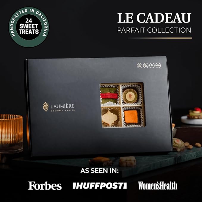 Le Cadeau Parfait Collection - Rectangle Gourmet Gift Box (24 Treats) - Laumière Gourmet Fruits - Vegan Healthy Dried Fruits & Nuts Gift Basket - No Added Cane Sugar Sweets