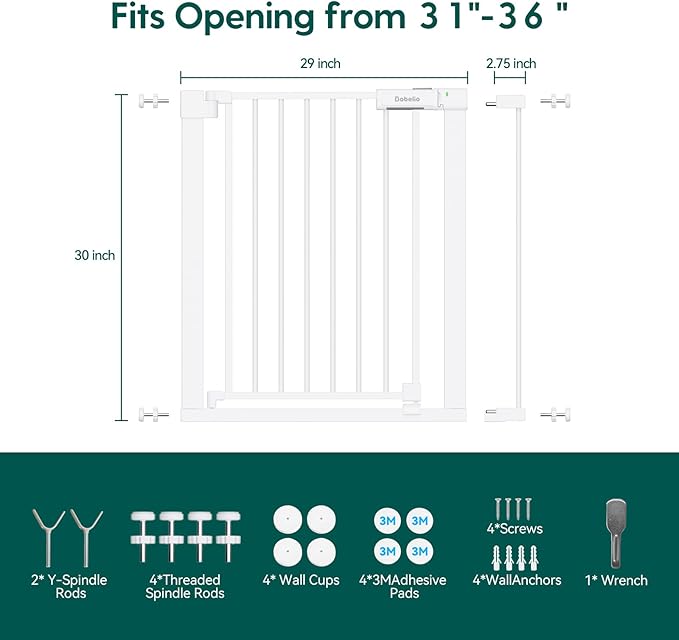 BABELIO Baby Gate for Doorways and Stairs, 31-36" Pet Gate with Wide Walk Thru Door and Lock Indicator, No Drill Pressure Mounted Safety Gate with Double Lock and Self-Closing, White