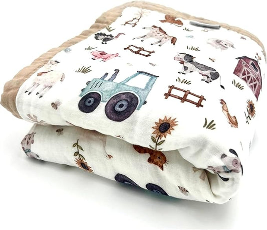 Organic Cotton Muslin Baby Blanket for Boys and Girls - Luxurious Soft Toddler Quilt for Swaddling - Gender Neutral Blankets Makes a Great Farm
