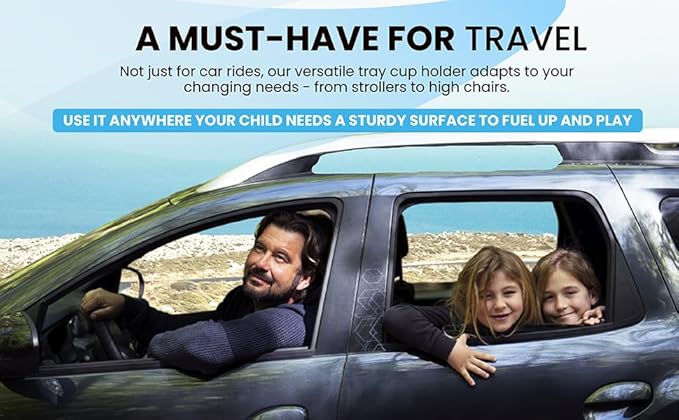 Complete Kids Travel Tray Kit - Easily Expands Cup Holder into 360° Cup & Travel Tray for Kids Car Seat, Booster, and Stroller - Toddler Road Trip Essentials Set Includes Coaster & Brush (Blue)