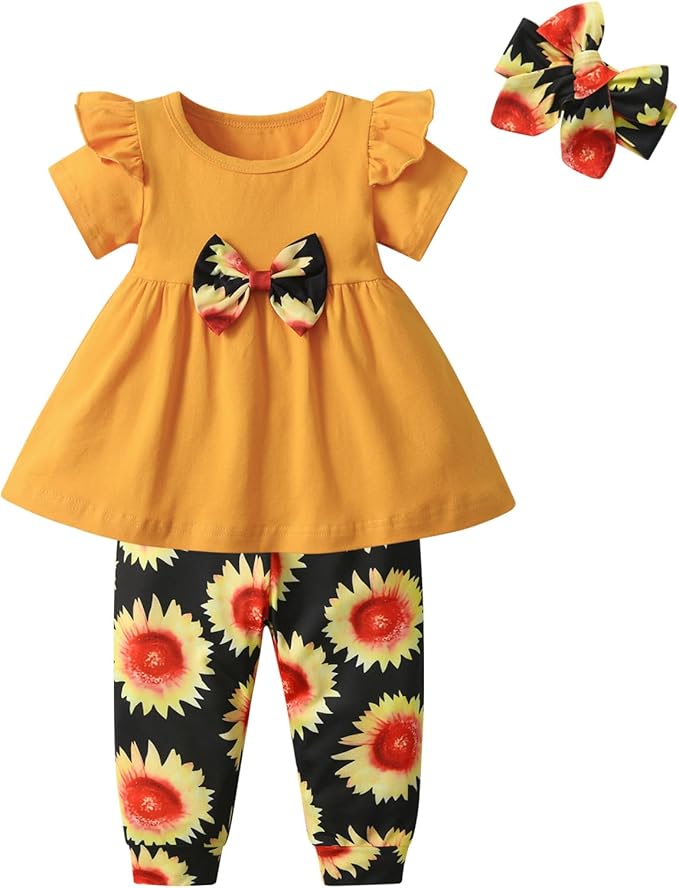 3PCS Baby Girl Clothes Ruffle Floral Shirt Tops Pants Headband Outfit Sets