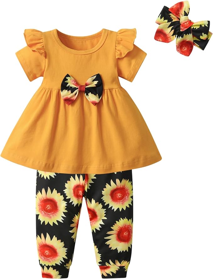 3PCS Baby Girl Clothes Ruffle Floral Shirt Tops Pants Headband Outfit Sets