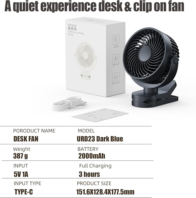 Personal Clip on Fan 2000mAh Battery Operated, Type-C 4 Speed Max 8.5 Hrs 360° adjustment Clip fan, Small Portable Fan for Office, Bedroom, Desk, dormitory, Camping, Stroller, Golf Cart - Dark Blue
