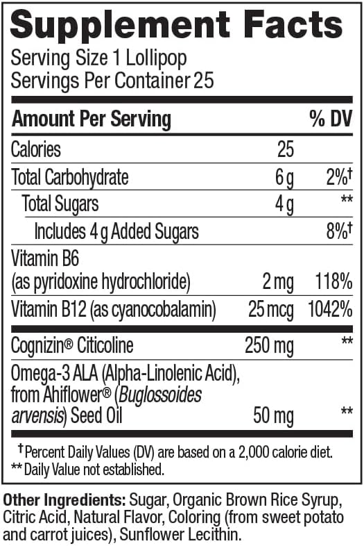 OLLY Focus Buddies L’OLLY Pops, Cognizin, Vitamins B6 and B12, Omega-3 ALA, Supports Focused Attention and Healthy Brain Function,* Kids 4+ Dietary Supplement, Watermelon Strawberry Flavored, 25 Count
