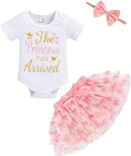 Newborn Baby Girl Outfits Infant Letter Print Romper+Tutu Skirt+Headband+Legging Warmer Coming Home Clothes Set