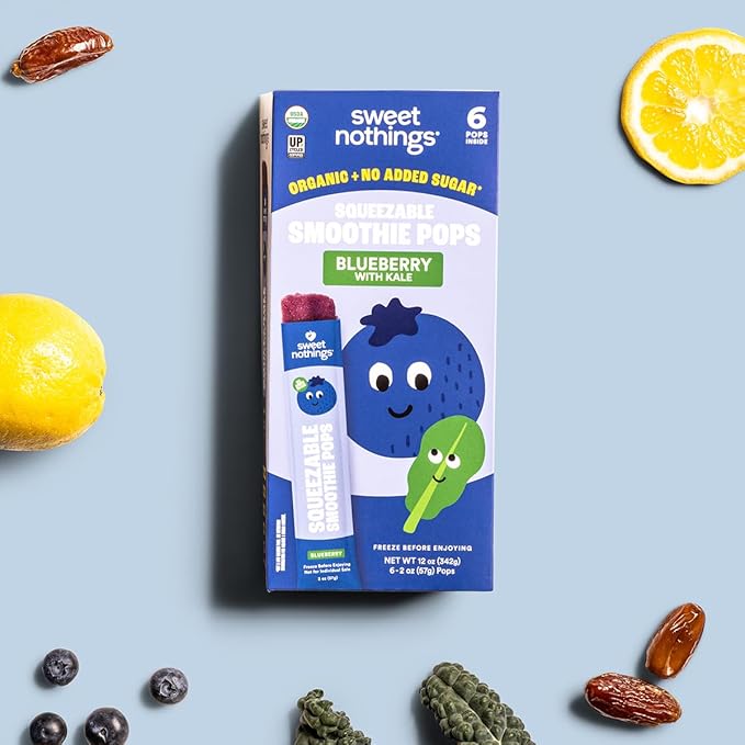 Sweet Nothings, Blueberry, USDA Organic Kids' Squeezable Super Fruit Smoothie Freezie Pops, Value Pack of 24 - Dye-Free, No Added Sugar, Dairy-Free, Vegan, Healthy Organic Fruit and Veggie Pops, Freeze & Enjoy