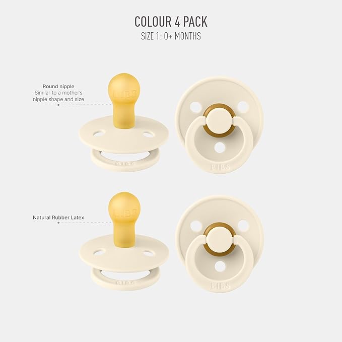 BIBS Colour Soother 4-Pack | BPA Free Dummy Pacifier | Round Nipple | Natural Rubber Latex | Made in Denmark | Size 0-6 Months | Ivory