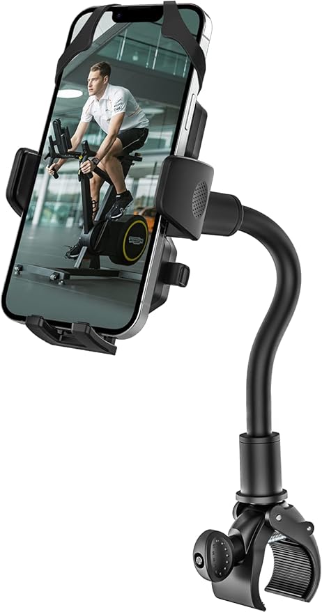 woleyi Gooseneck Spin Bike Phone Mount, Handlebar Clip Cell Phone Holder for Exercise Bicycle, Stationary Cycling, Stroller, Gym Treadmill, Mic Stand for iPhone 16 Pro Max/15/14/13/12, All Smartphones