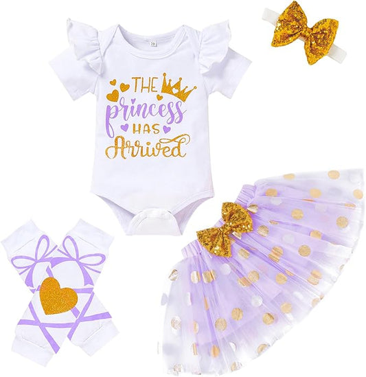 Newborn Baby Girl Outfits Infant Letter Print Romper+Tutu Skirt+Headband+Legging Warmer Coming Home Clothes Set