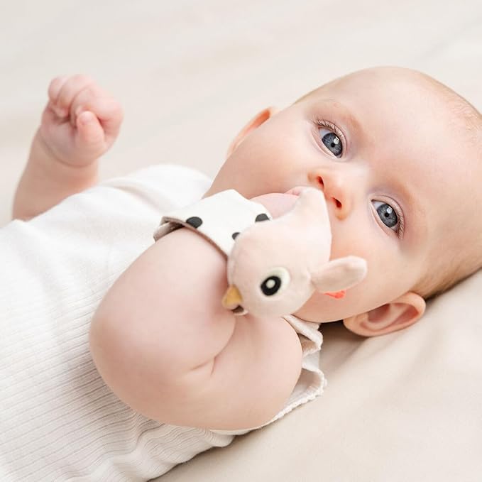Done by Deer Wrist Rattle Set for Babies - 2-Pack Happy Clouds - Newborn Sensory Toy with Crinkle & Rattle Sound – Soft Baby Bracelet for Wrist or Ankle – Powder Pink – from 0 Months