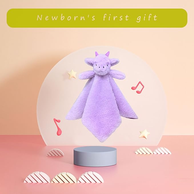Baby Purple Dragon Soft Stuffed Animal Security Blanket, Plush Dinosaur Character Lovey Blanket, Baby Shower/Nursery Gift, Newborn Infant Toddler Snuggle Blankie for Girls Boys, 14 Inches