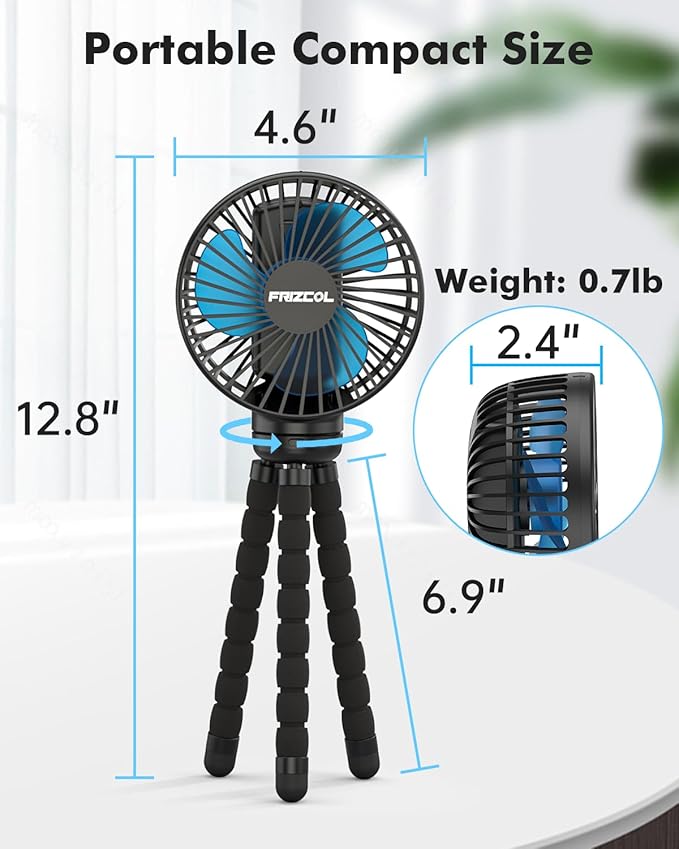 FRIZCOL Stroller Fan for Baby - Portable Fan Rechargeable - Battery Operated Fan(Use for 24Hrs) - Fan for Handheld/Clip On/Car Seat/Desk/Camping