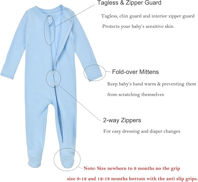 Aablexema Baby Footie Pajamas with Mittens - 3Pcs Infant Footed Sleeper Cotton Sleepwear Outfits