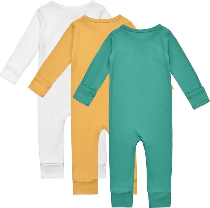 Aablexema Baby Cotton Fooltess Pajamas with Mitten, 3-pack Infant Romper Zip Up One Piece Jumpsuits Outfit