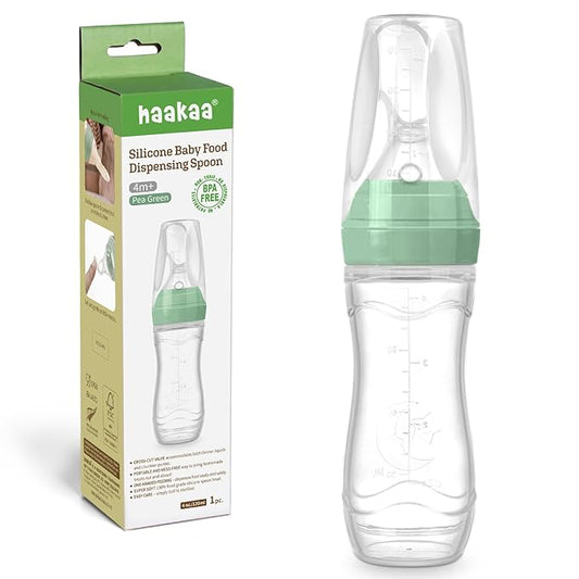 Haakaa Silicone Baby Food Dispensing Spoon Feeder 4oz - Infant Squeeze Cereal Feeder, Baby Fresh Food Feeder, Feed Bottle for Puree, Solid Baby Food, BPA Free, 4m+ Babies – Pea Green