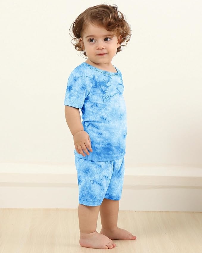 Jimonda Kids Soft Rayon From Bamboo Sleepwear Short Sleeve Boys Girls Pajama Outdoor 4-Piece tops&shorts Casual sets Tie PJ