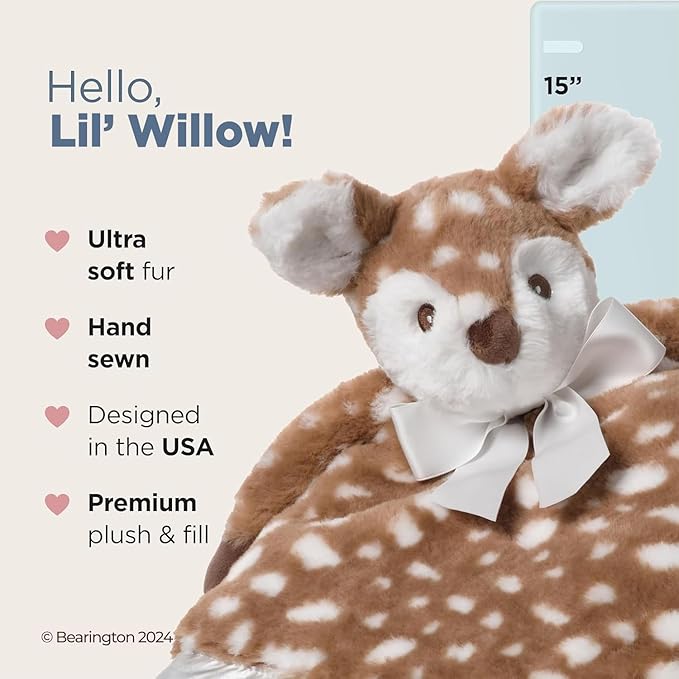 Bearington Collection Baby Lil’ Willow Snuggler - 15-Inch Woodland Fawn Plush Lovey, Security & Stuffed Animal Blanket for Babies