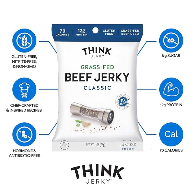 Think Jerky Beef and Turkey Jerky Variety Pack, Original, Sweet Chipotle, Sriracha Honey, Sesame Teriyaki, Healthy Jerky Snack, Healthy Meat Snack, Low Calorie Low Fat - 1.0 oz Bags, 16 Pack