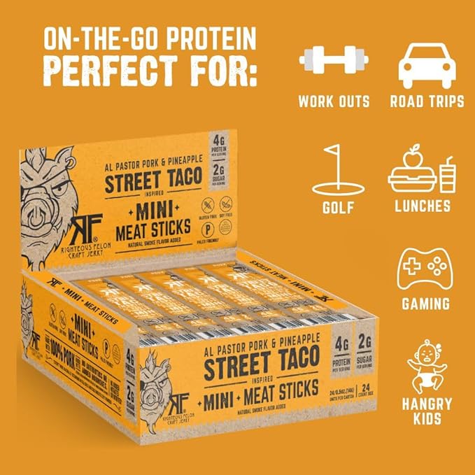 Righteous Felon Meat Sticks Minis | 100% Pork Sticks | Gluten Free Meat Sticks | Low Sugar & High Protein Pork Sticks | Healthy Snacks for Kids & Adults | Jerky Gifts for Men | Street Taco, 24 Ct