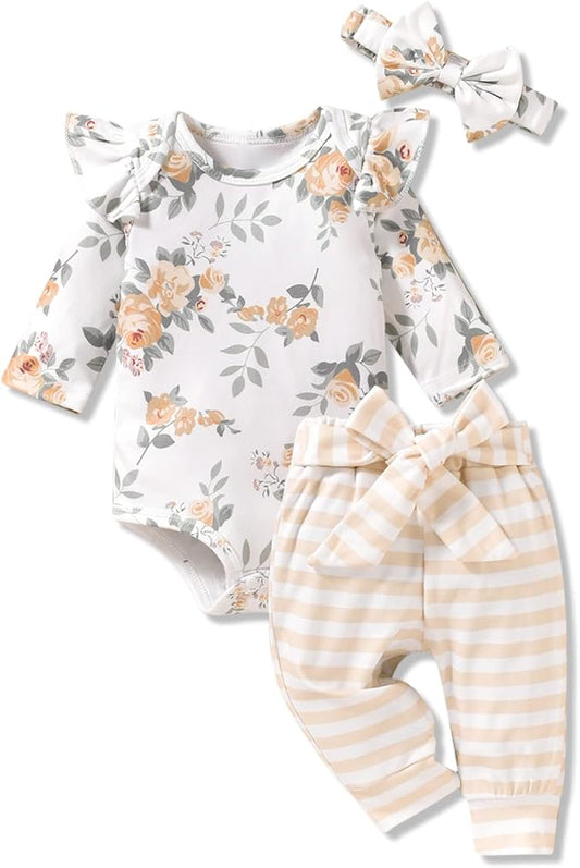 Aalizzwell Preemie Newborn Infant Baby Girls Clothes Ribbed Romper Bodysuit Pants Set Fall Winter Outfits