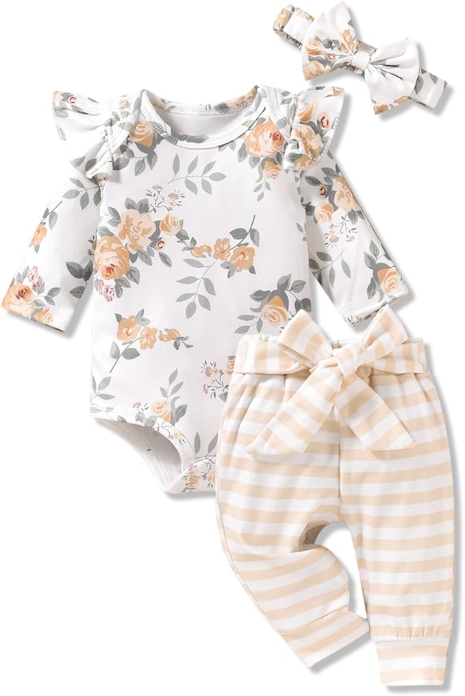 Aalizzwell Preemie Newborn Infant Baby Girls Clothes Ribbed Romper Bodysuit Pants Set Fall Winter Outfits