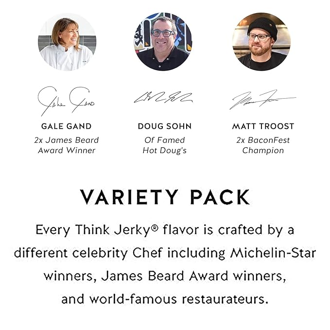 Think Jerky Beef and Turkey Jerky Variety Pack, Classic, Sweet Chipotle, Sriracha Honey, Sesame Teriyaki, Healthy Meat Snack, Low Calorie Low Fat - 1.0 oz Bags, 8 Pack, 2 of Each