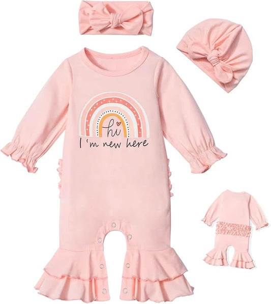 AGAPENG Newborn Girl Clothes Ruffle Letter Print Romper Infant Bell Bottom Jumpsuit Boho Baby Girl Clothes with Headband Hat