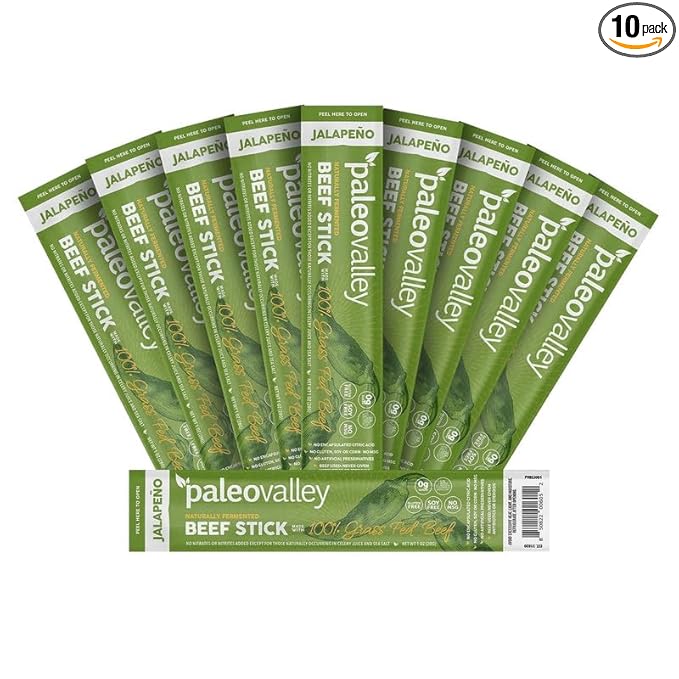 Paleovalley 100% Grass Fed Jalapeno Beef Sticks - Delicious Gluten Free Beef Snack - High Protein Keto Friendly