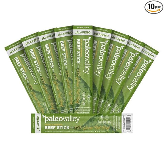 Paleovalley 100% Grass Fed Jalapeno Beef Sticks - Delicious Gluten Free Beef Snack - High Protein Keto Friendly