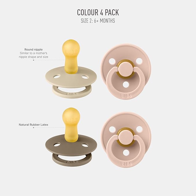 BIBS Color Soother, BPA Free Dummy Pacifier, Round Nipple. Natural Rubber Latex, Made in Denmark. 6-18 Months (Pack of 2) total 4 counts, Baby Blush Colors