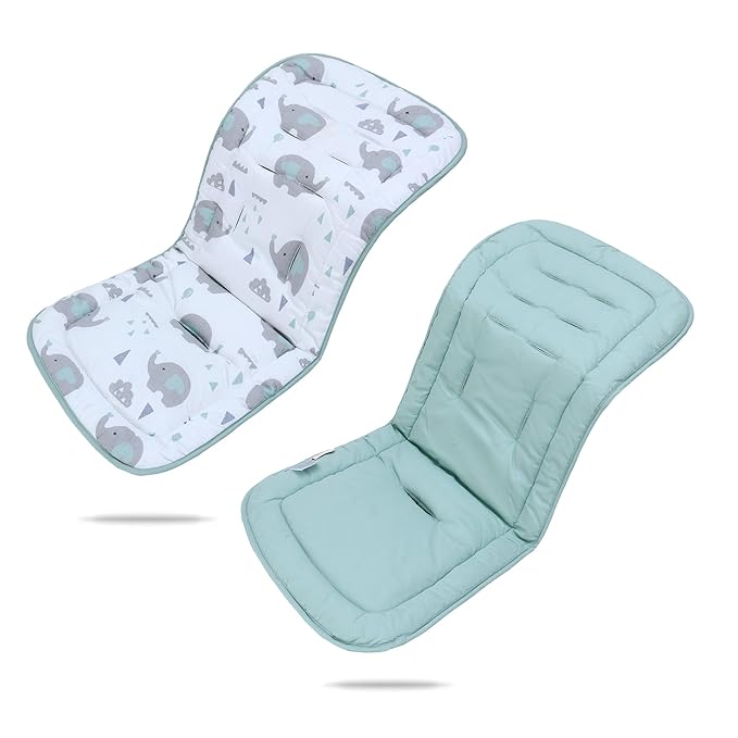 Baby Stroller Cushion,Infant Car Seat Insert-Reversible Universal Breathable and Soft Newborn Stroller Mat,100% Cotton Cover Toddler Seat Pad Liner-34x78cm,1 Pack(Elephant Green+White)