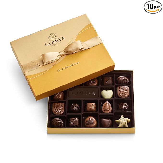 Godiva Chocolatier Gold Ribbon 18-Piece Assorted Chocolate Gift Box – Gourmet Chocolate Candy Variety Pack – Dark Caramel, Milk Chocolate, Nuts– Gift Basket for Birthday, Anniversary, Congratulations