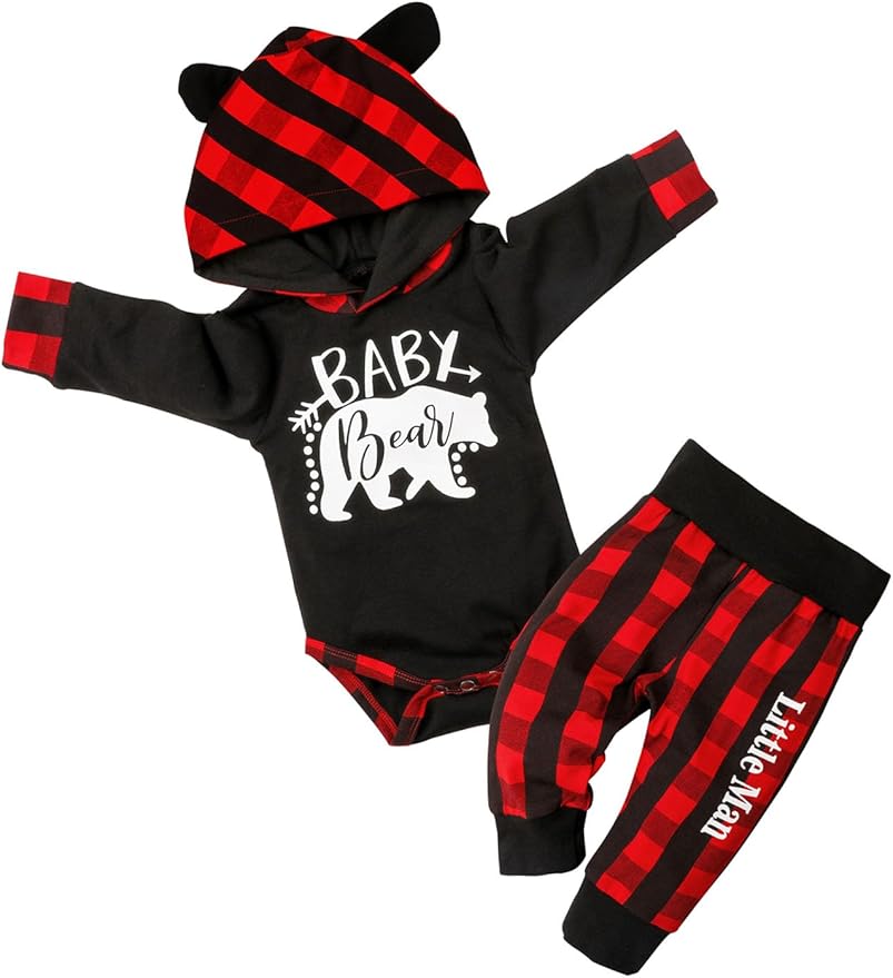 Fommy Newborn Baby Boy Clothes Plaid Letter Print Long Sleeve Hoodies + Long Pants 2PCS Fall Winter Outfits Set
