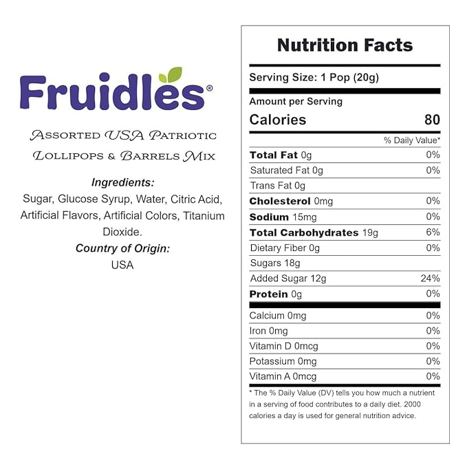 Fruidles Assorted USA Patriotic Lollipops & Barrels Mix, Red, White, and Blue Mixed Fruit Flavor, Made in Brazil, Individually Wrapped, 8g (30 Pounds (Bulk))