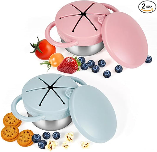2 Pack Snack Cups for Toddler - 9 OZ Stainless Steel Spill-Proof Baby Snack Containers with Silicone Catcher and Lid, Travel Snack Containers for Kids Baby, Dishwasher Safe, BPA Free