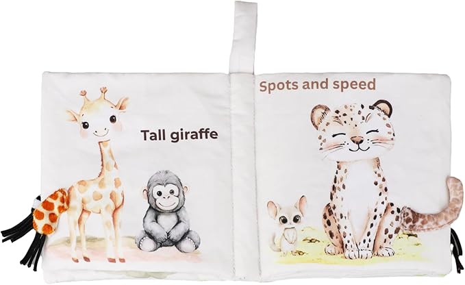 Ali+Oli Baby Cloth Book – Soft Sensory Crinkle Book with Textured Tails for Infants 0-12 Months – Early Learning Touch & Feel Tummy Time Toy – Newborn Shower Gift - Safari Friends