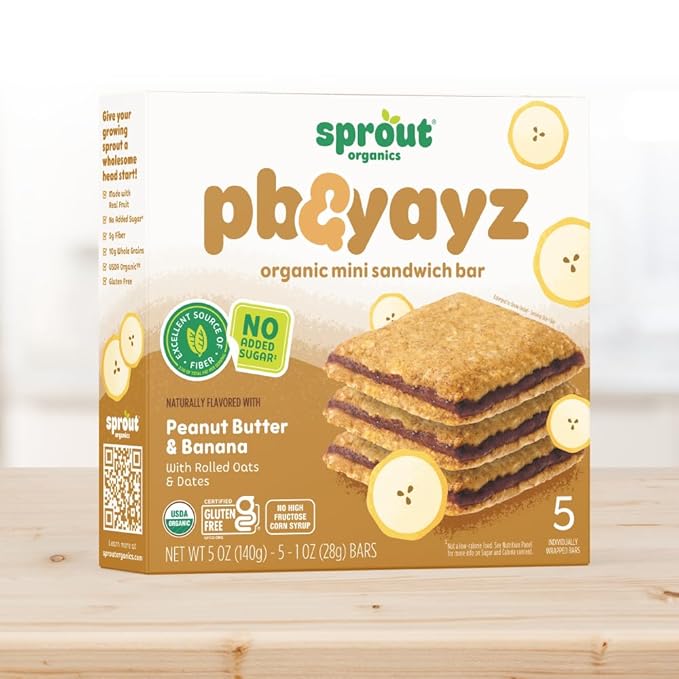 Sprout Organics, PB & Yayz Toddler Snack Bars, Peanut Butter & Banana, 5 Individual Bars 1.02 oz Each (6-boxes)