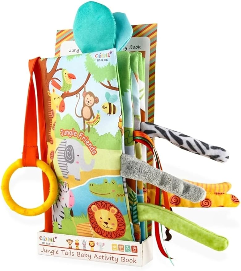 Jungle Tails Baby Activity Book, 3D Touch and Feel Crinkle Cloth Books, Montessori Activity Book for Fine Motor Skills