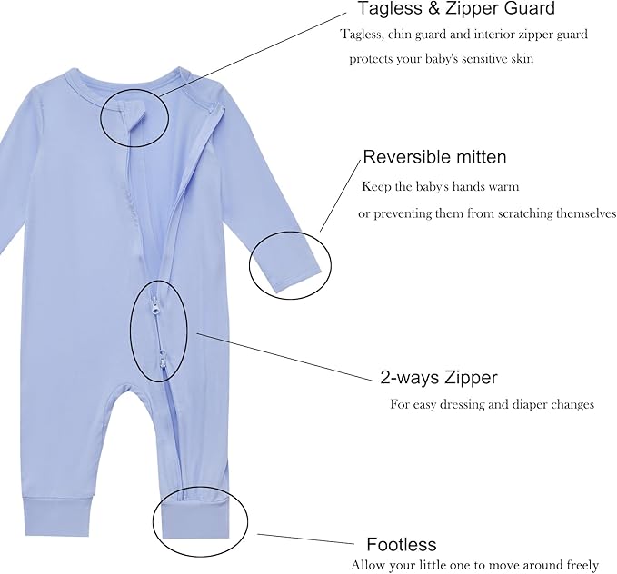 Aablexema Baby Footless Pajamas Rayon 3pcs Unisex Infant Zipper Romper with Mitten Cuffs Sleep Play PJs
